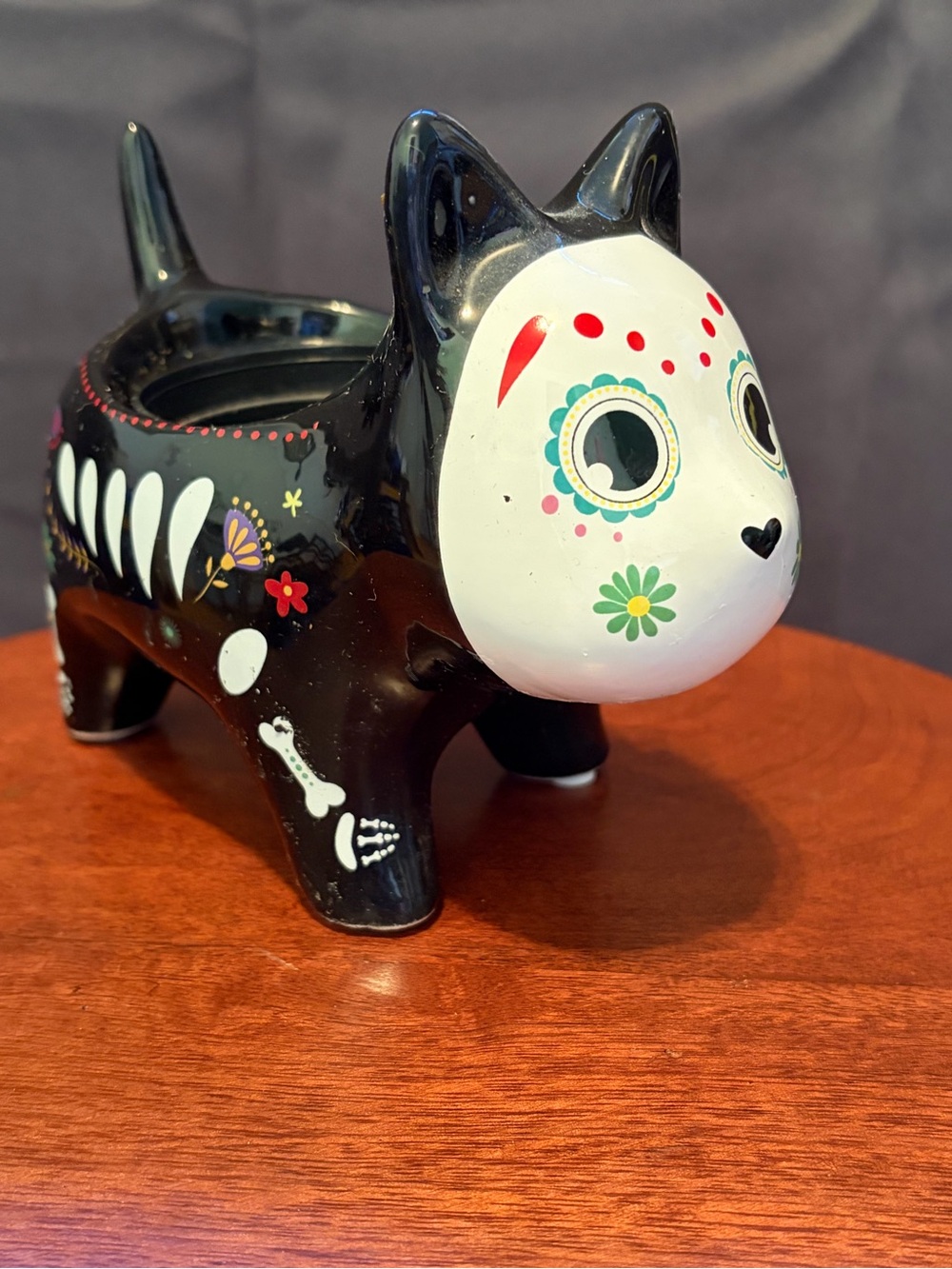Day of the Dead Black & White Cat Planter - Decorative Pet Statue